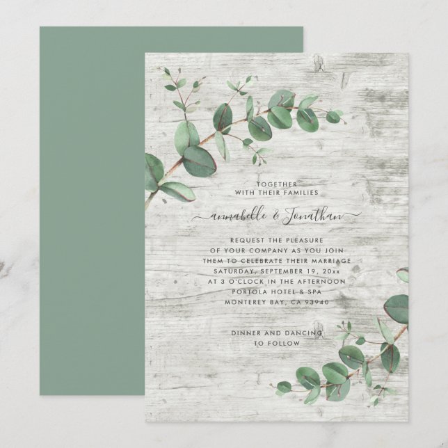 Invitation Sage vert Eucalyptus feuillage botanique bois blan (Devant / Derrière)