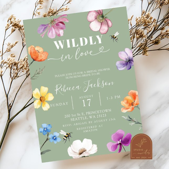 Invitation Sage Vert Fête de Mariage de Fleurs Sauvages Fou A (Créateur téléchargé)