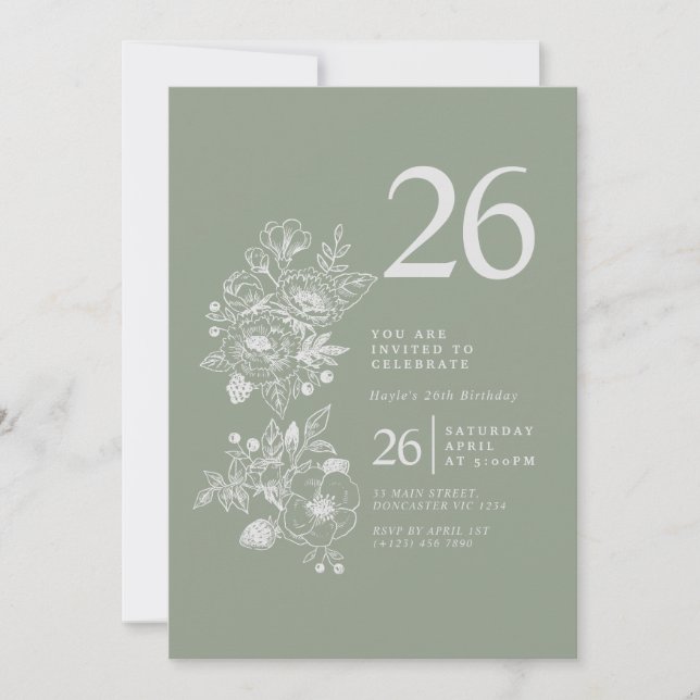 Invitation Sage Vert Fleur Sauvage Botanique 26e Anniversaire (Devant)