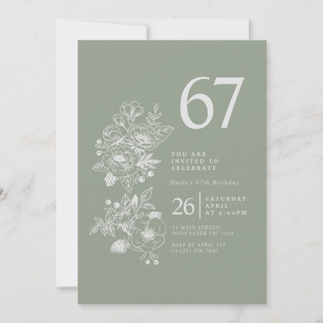 Invitation Sage Vert Fleur Sauvage Botanique 67e Anniversaire (Devant)