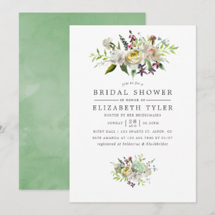 Invitation Sage Vert & Fleurs Aquarelles Blanches Enterrement