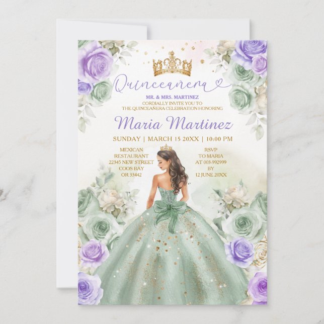 Invitation Sage Vert & Fleurs pourpres Princesse Quinceañera (Devant)
