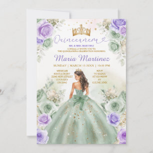 Invitation Sage Vert & Fleurs pourpres Princesse Quinceañera