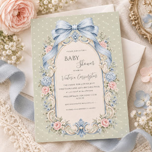 Invitation Sage Vert Fleurs Roses Baby Shower Vintage