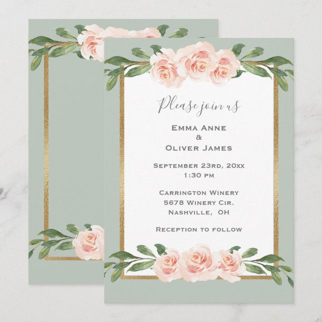Invitation Sage Vert Floral Aquarelle Mariage romantique (Devant / Derrière)