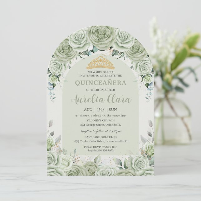 Invitation Sage Vert Floral Arc Moderne Or Quinceanera (Debout devant)