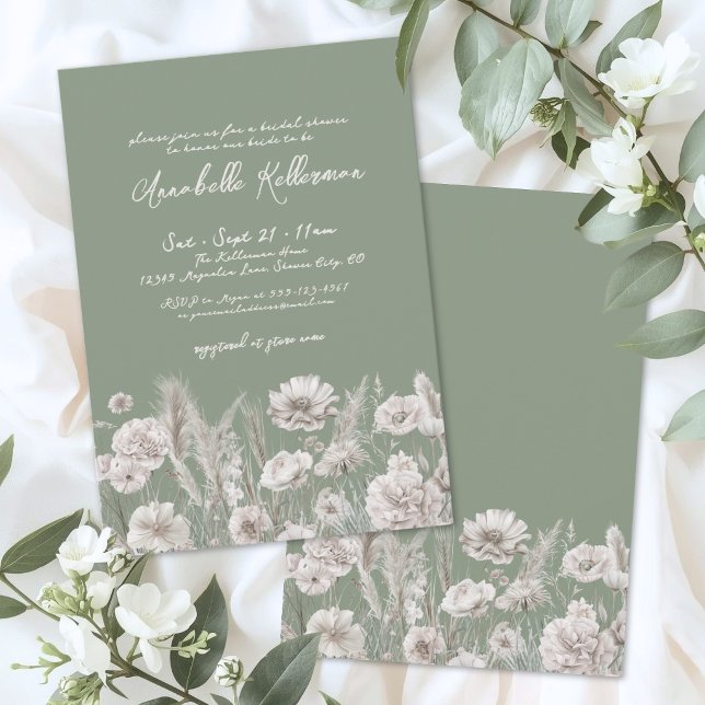 Invitation Sage Vert Floral Boho Shower de Mariage (Sage Green Floral Boho Bridal Shower Invitation)