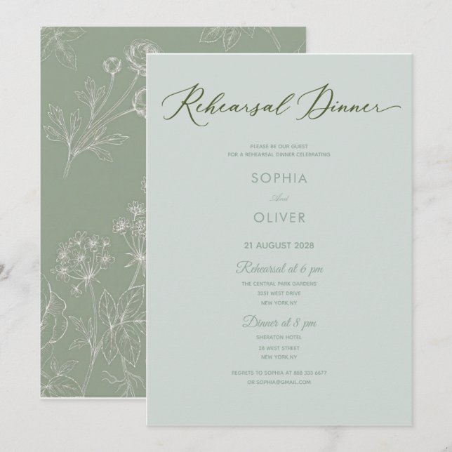 Invitation sage vert floral botanique classique répétition  (Devant / Derrière)