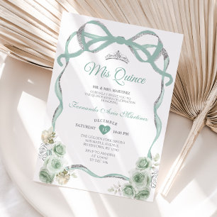 Invitation Sage Vert Floral Bow Ribbon Argent Mis Quince