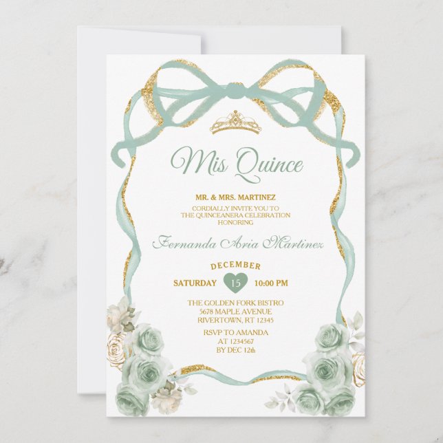 Invitation Sage Vert Floral Bow Ribbon Or Couronne Mis Quince (Devant)