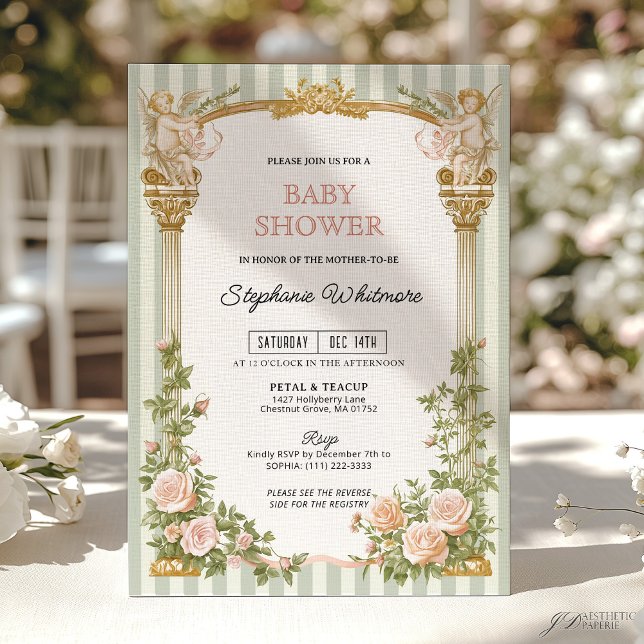 Invitation Sage Vert Floral Cherub Baby Shower  (Créateur téléchargé)