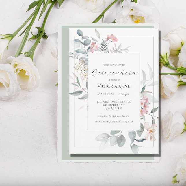Invitation Sage Vert Floral Moderne Quinceañera (Créateur téléchargé)