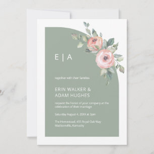 Invitation Sage vert Floral Monogramme Mariage demi-arc
