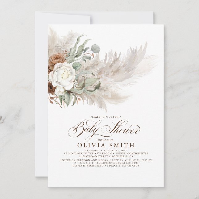 Invitation Sage Vert Floral Pampas Grass Baby shower Boho (Devant)