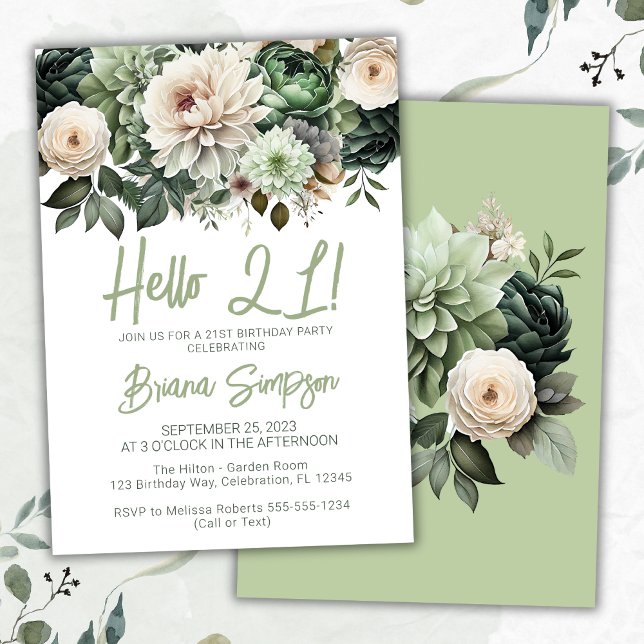 Invitation sage vert floral pour 21 ans (Créateur téléchargé)