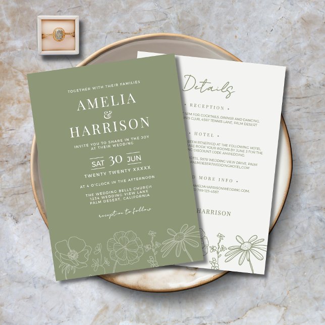 Invitation Sage Vert Floral Tout En Un Mariage Élégant (Sage Green Floral All-In-One Elegant Wedding Invitation with Line Art Flowers, Details on the Back.)