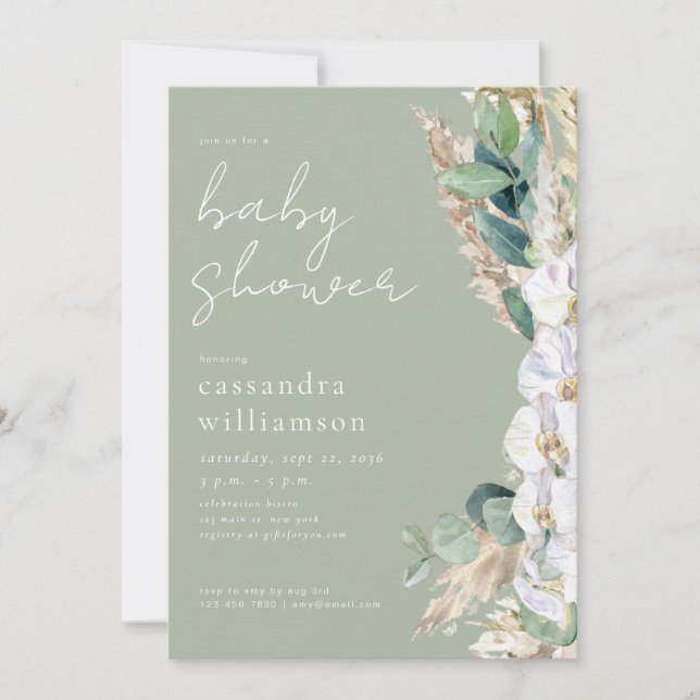 Invitation Sage Vert Herbe de Pampas Boho Floral Baby Shower (Devant)