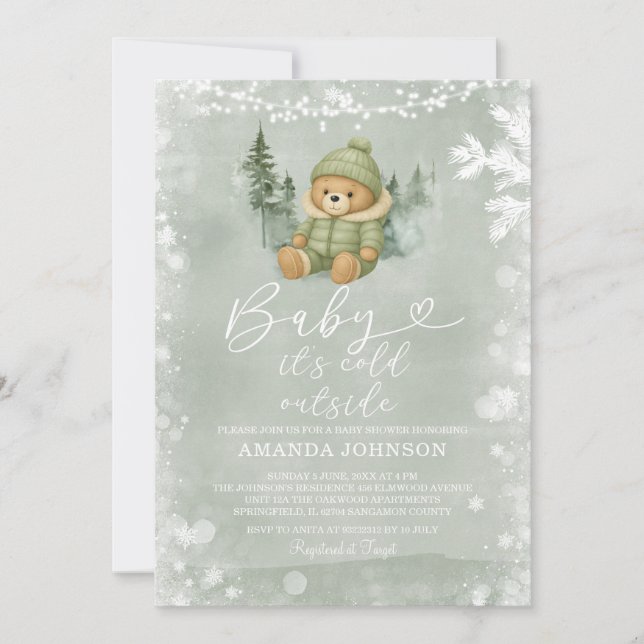 Invitation Sage Vert hiver Garçon ours Bébé Il fait froid deh (Devant)