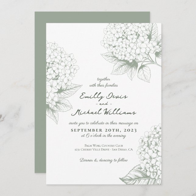 Invitation Sage vert Hydrangea Floral Mariage (Devant / Derrière)