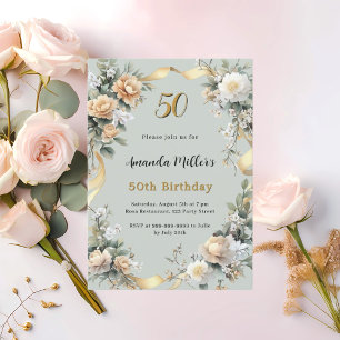 Invitation Sage vert jaune fleurons or luxe anniversaire