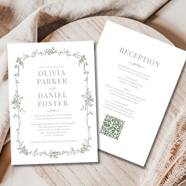 Invitation Sage Vert Mariage Victorien QR Code Tout-en-un  (Créateur téléchargé)