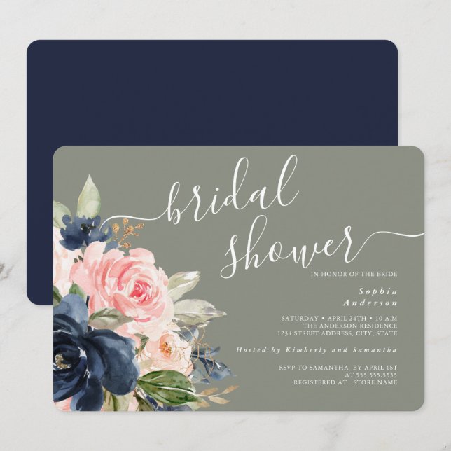 Invitation Sage Vert Marine Floral Fête de Mariage (Devant / Derrière)