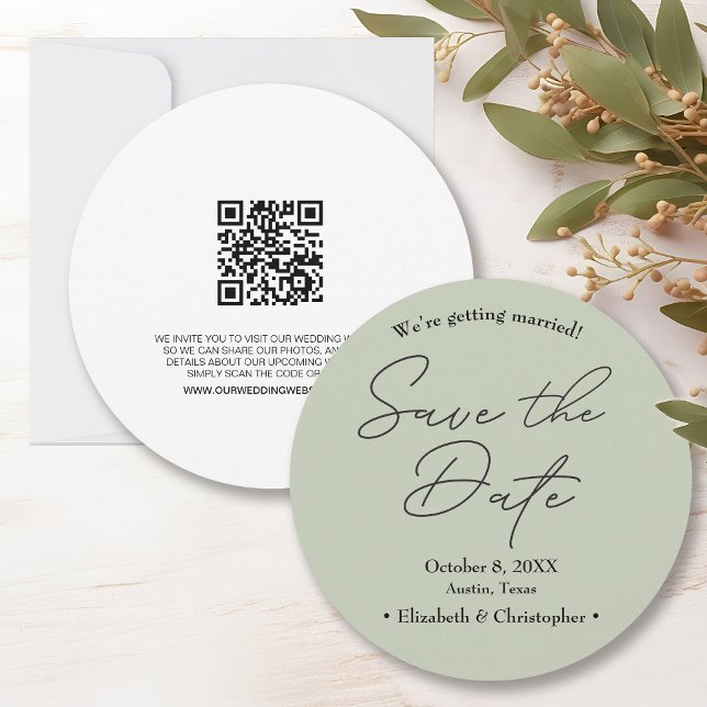 Invitation Sage vert minimum mariage Enregistrer la date (Minimalist Sage green save the date with wedding website. )