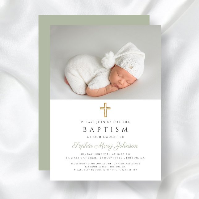Invitation Sage Vert moderne Croix religieuse Photo Baptême (Sage Green Religious Cross Photo Baptism Invitation)