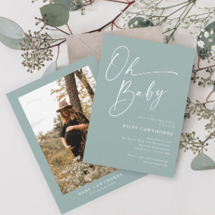 Invitation Sage Vert Moderne Écriture Photo Baby Shower