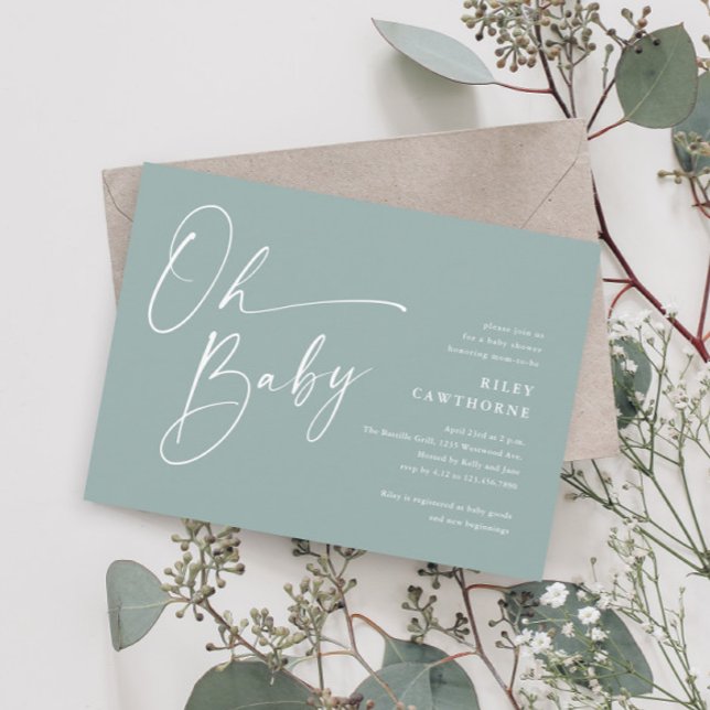Invitation Sage Vert Moderne Script Oh Baby Shower (Créateur téléchargé)