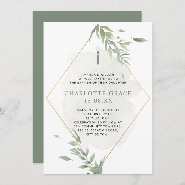 Invitation Sage Vert & Or Aquarelle Baptême de remplissage  (Devant / Derrière)
