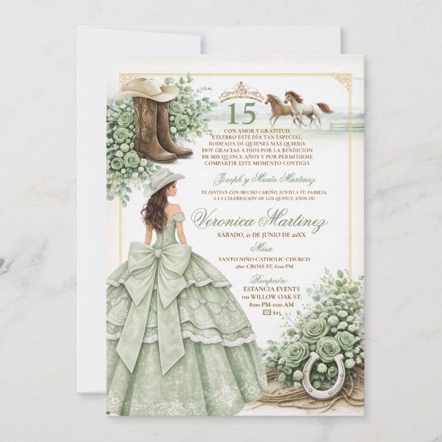 Invitation Sage vert Princesse espagnole Quinceañera 15 Ans (Devant)