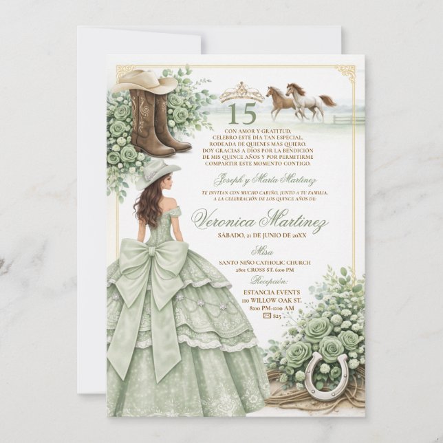 Invitation Sage vert Princesse espagnole Quinceañera 15 Ans (Devant)