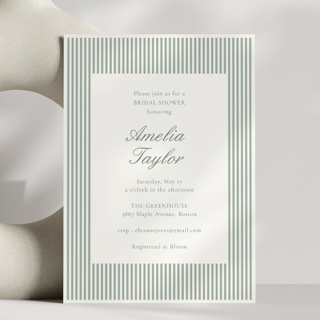 Invitation Sage Vert Rayure Crème Classique Baby Shower de Ma (Créateur téléchargé)