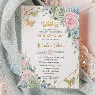 Invitation Sage Vert rose bleu Floral Quinceañera Sweet 16