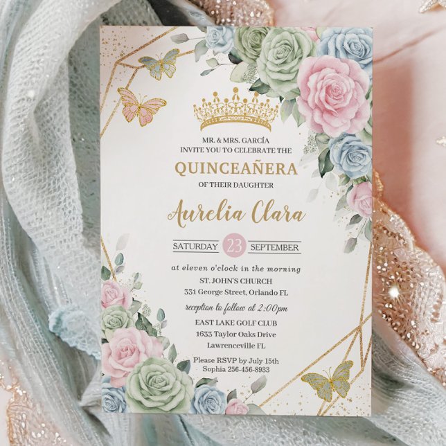 Invitation Sage Vert rose bleu Floral Quinceañera Sweet 16 (Créateur téléchargé)