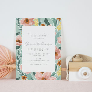 Invitation Sage Vert Rose Botanique Vintage Baby Shower