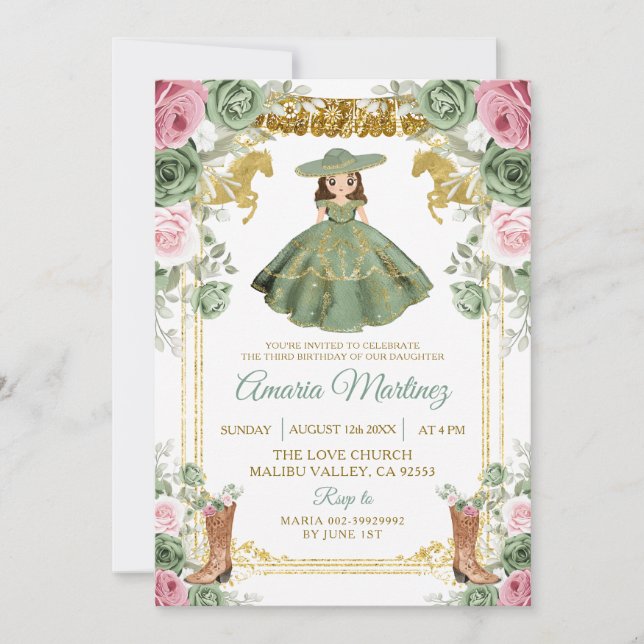 Invitation Sage Vert rose Fleurs mignonnes Fille 3e anniversa (Devant)