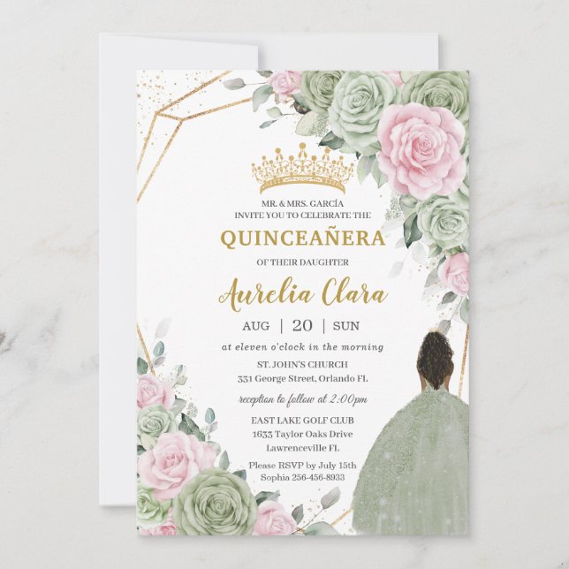 Invitation Sage Vert rose Floral Brown fille Quinceañera (Devant)
