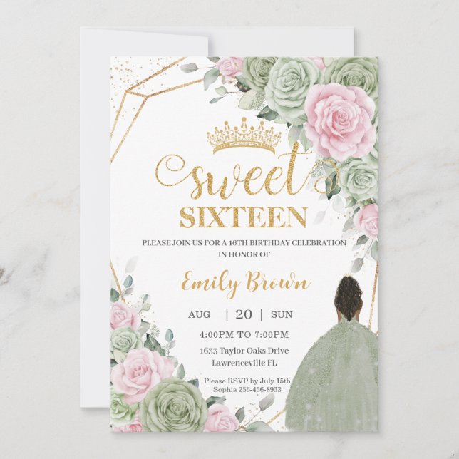 Invitation Sage Vert rose Floral Brown Fille Sweet sixteen (Devant)