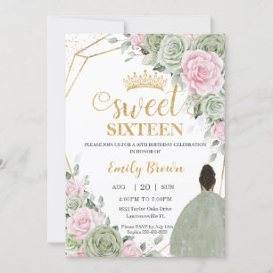 Invitation Sage Vert rose Floral Brown Fille Sweet sixteen