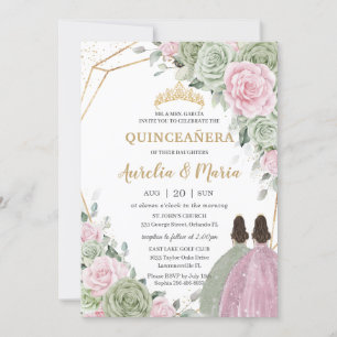 Invitation Sage Vert rose Floral Or Quinceañera Twins