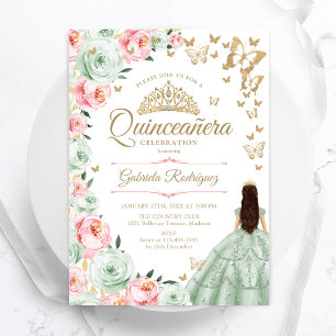 Invitation Sage vert rose Floral Quinceanera