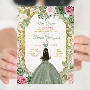 Invitation Sage Vert Rose Mis Quince 15 Anos Papillon de la C