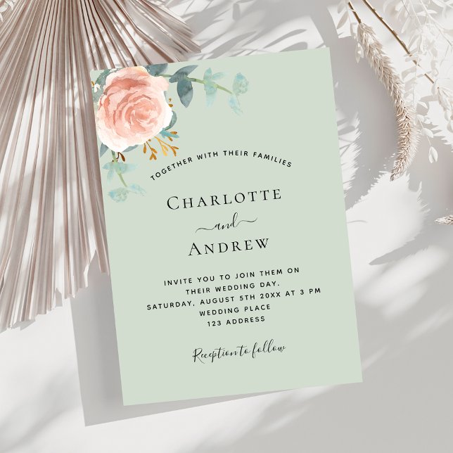Invitation Sage vert rose or bleu verdure luxuriante mariage  (Créateur téléchargé)
