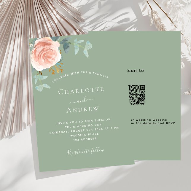Invitation Sage vert rose or blush QR RSVP détails mariage (Créateur téléchargé)