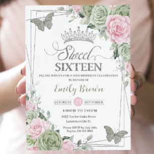 Invitation Sage Vert rose papillons floraux Silver Sweet 16