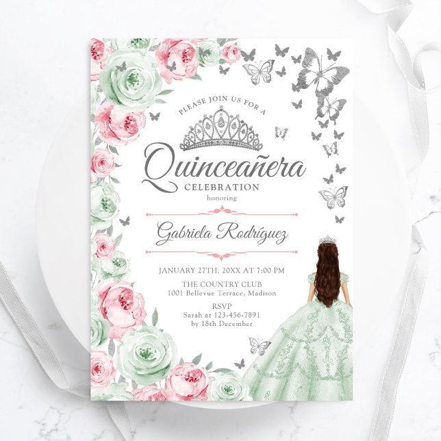 Invitation Sage vert rose Roses Florales Quinceanera (Créateur téléchargé)