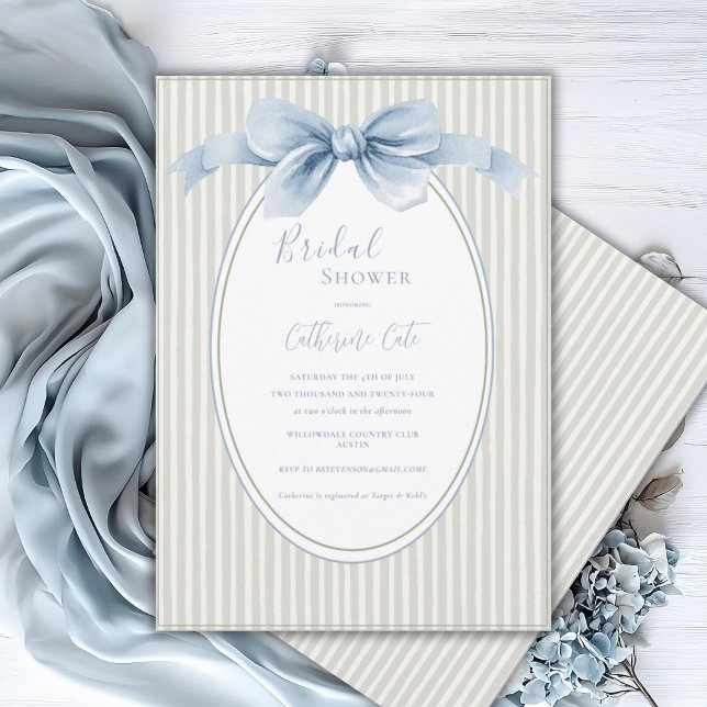 Invitation Sage vert ruban bleu mariage fantaisiste (Créateur téléchargé)