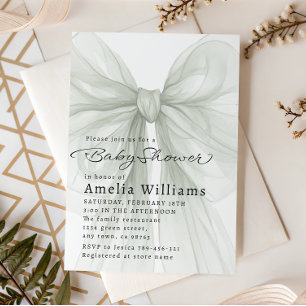Invitation Sage Vert Ruban Transparent Minimaliste Baby Showe